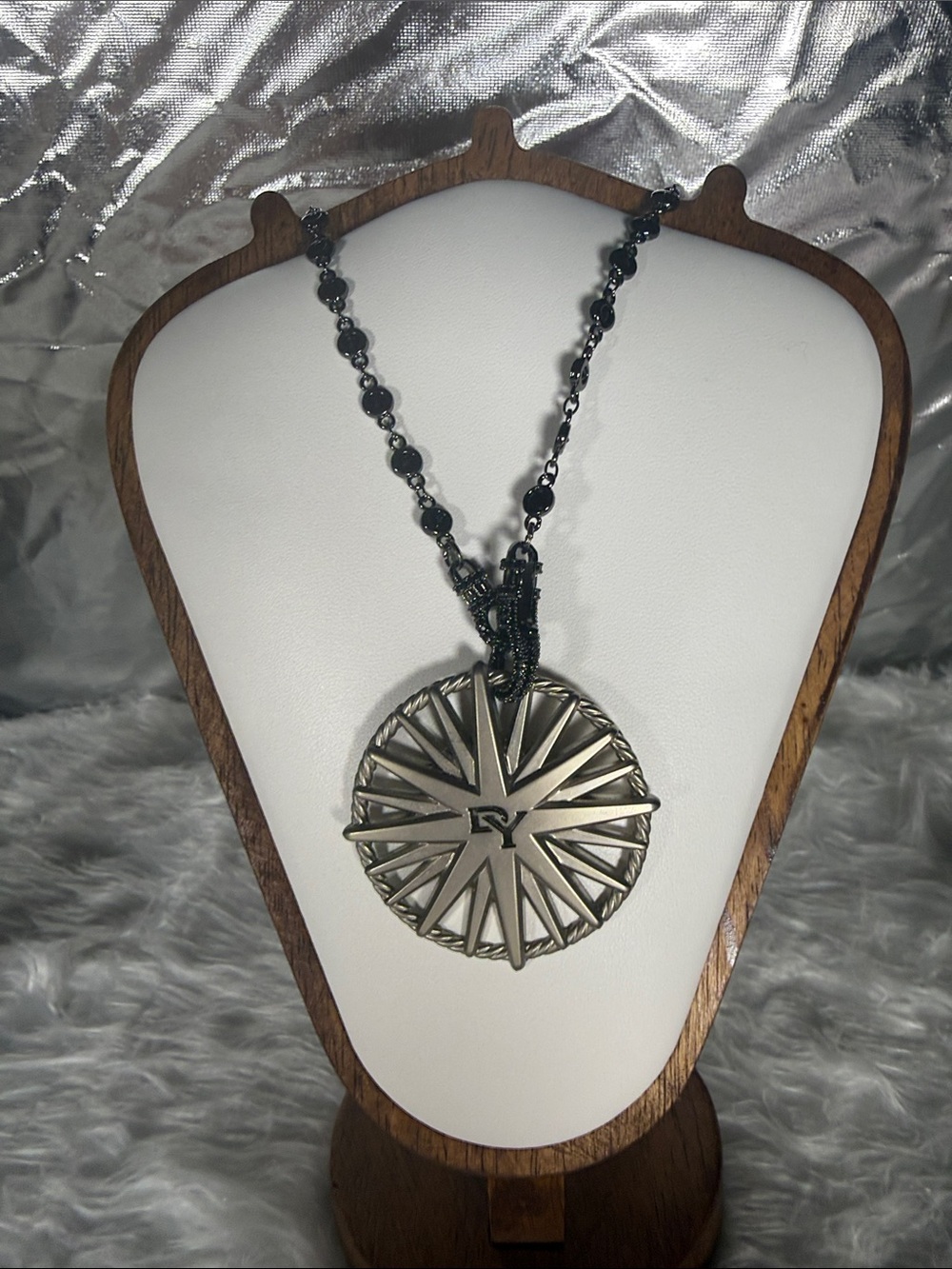 DY &FreidaGeometric Starburst Pendant Necklace - Silver Tone w black necklace